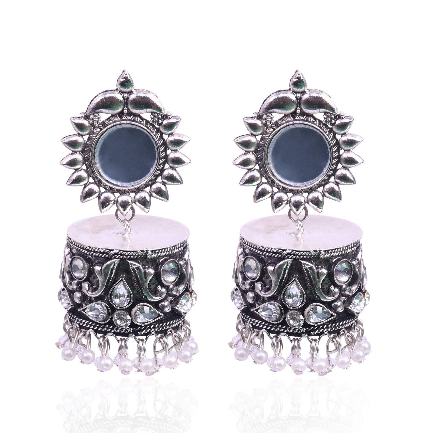 Rhodium-Plated Alloy Silver Plated Mirror Jhumki Earring - The Pari - Grab2buy
