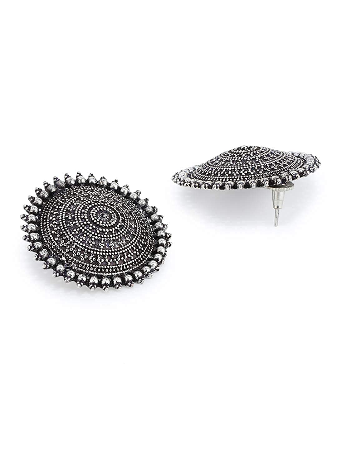 Rhodium-Plated Alloy Round Silver Antique Stud Earrings - The Pari - Grab2buy