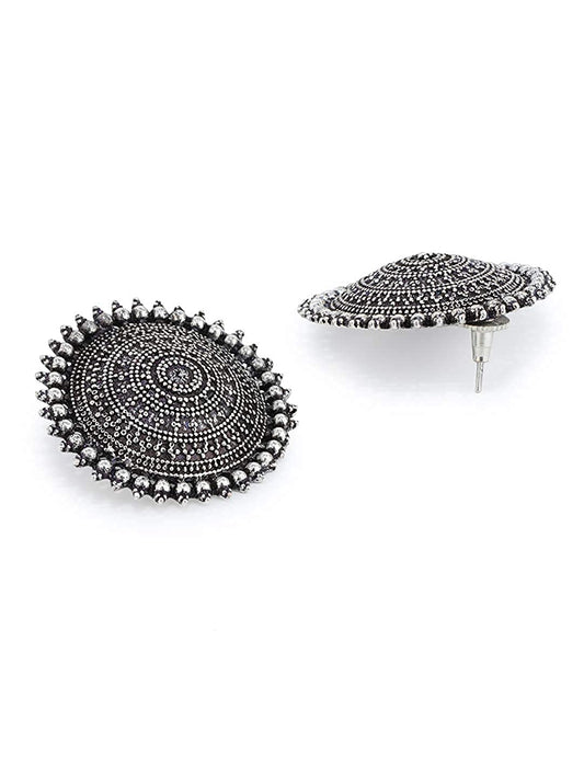 Rhodium-Plated Alloy Round Silver Antique Stud Earrings - The Pari - Grab2buy