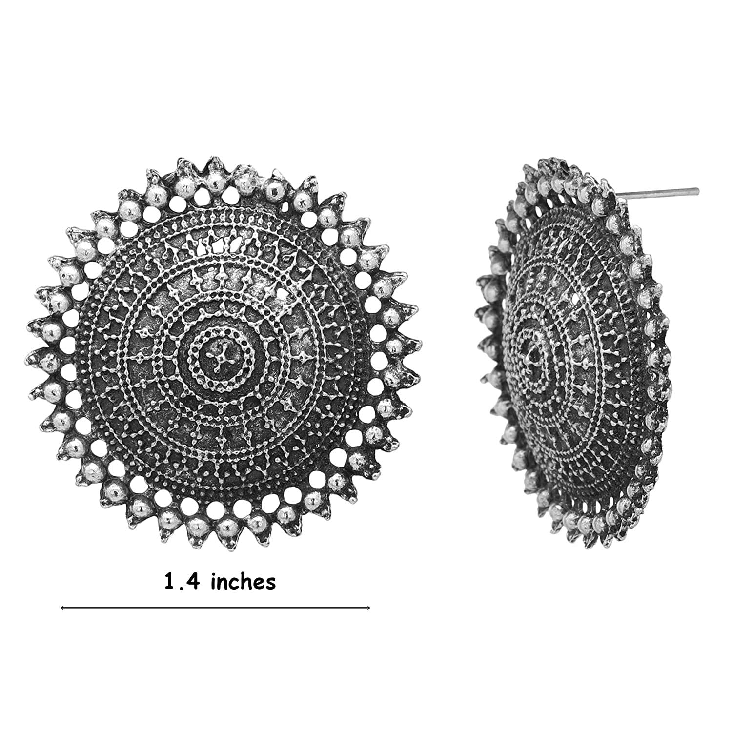 Rhodium-Plated Alloy Round Silver Antique Stud Earrings - The Pari - Grab2buy