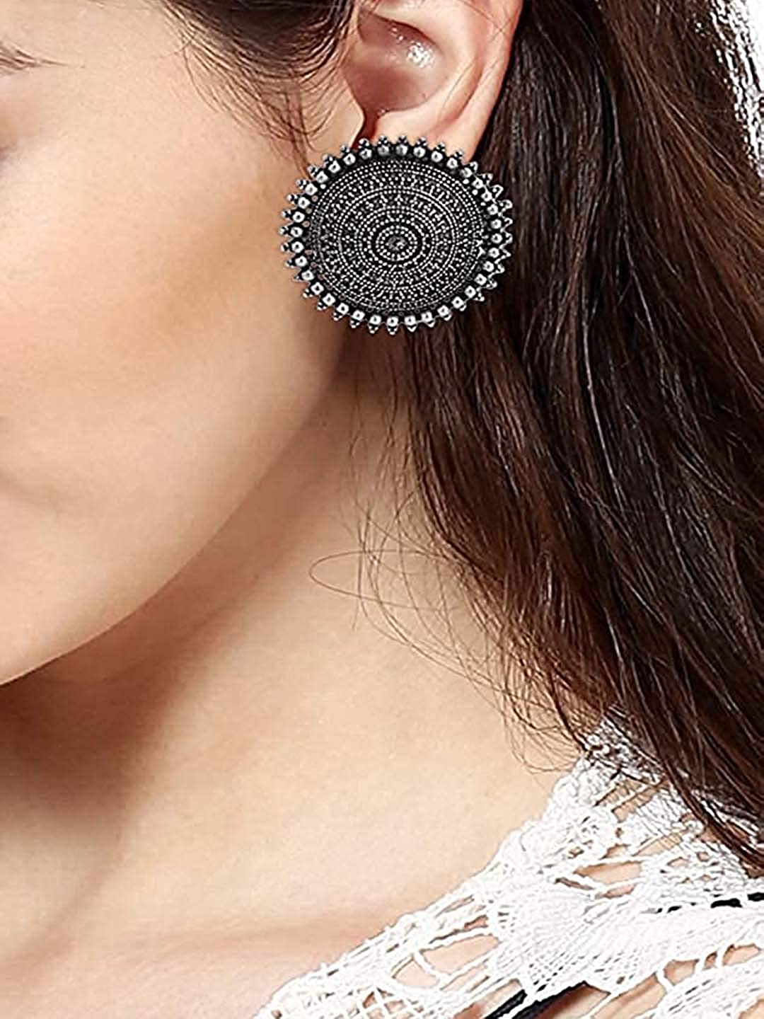 Rhodium-Plated Alloy Round Silver Antique Stud Earrings - The Pari - Grab2buy