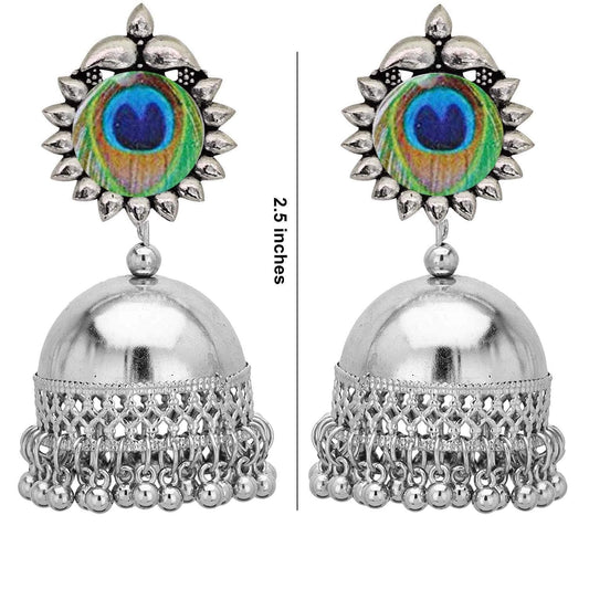 Rhodium-Plated Alloy Peacock Feather Jhumki Earrings - The Pari - Grab2buy