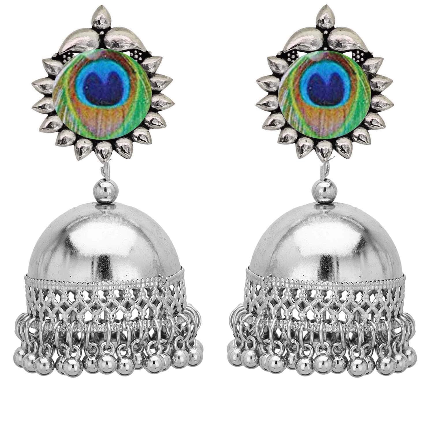 Rhodium-Plated Alloy Peacock Feather Jhumki Earrings - The Pari - Grab2buy