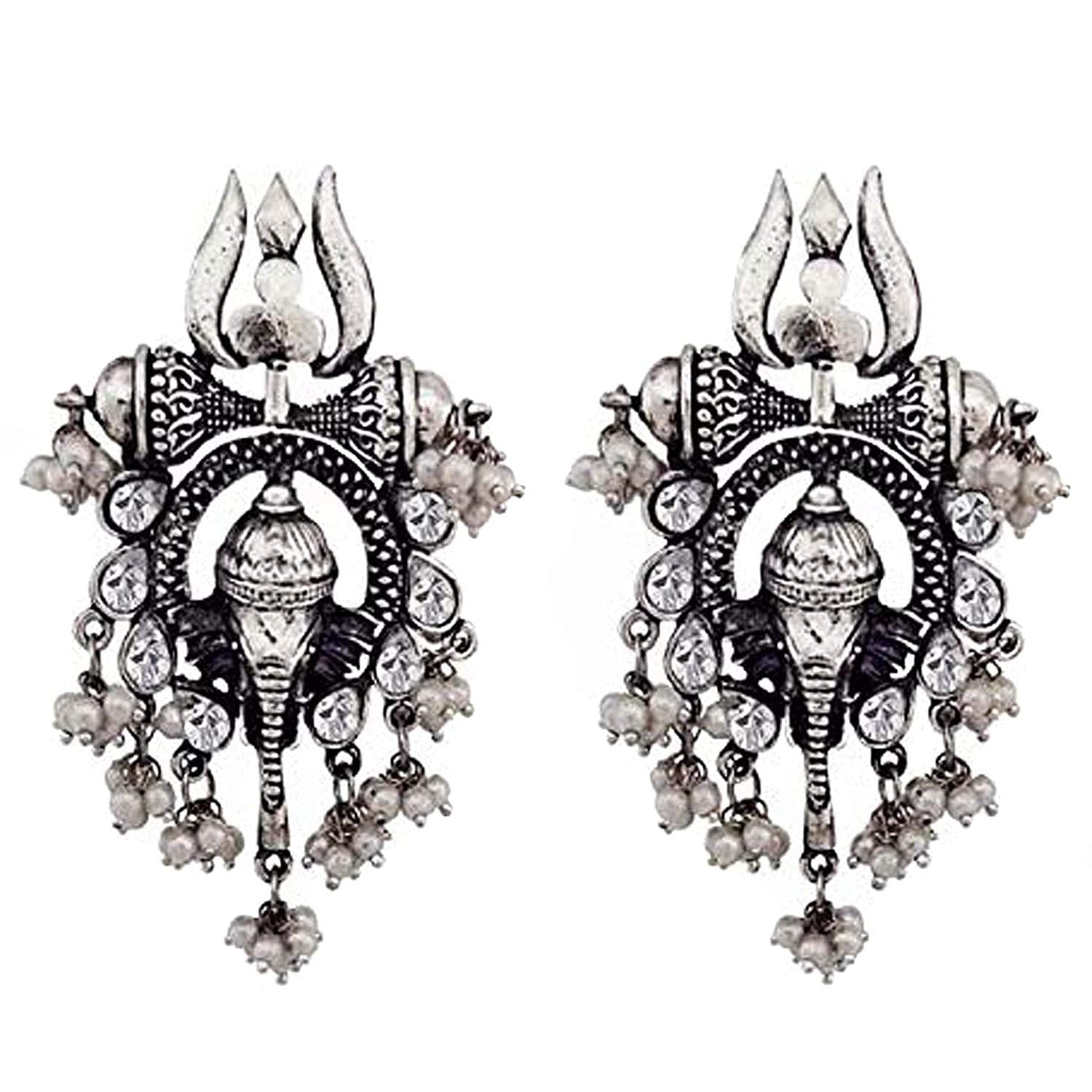 Rhodium-Plated Alloy Ganesh Ji Shaped Silver Earrings - The Pari - Grab2buy