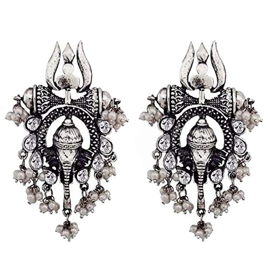 Rhodium-Plated Alloy Ganesh Ji Shaped Silver Earrings - The Pari - Grab2buy