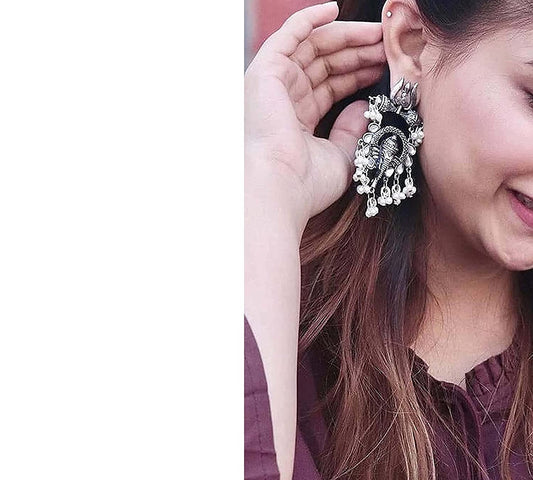 Rhodium-Plated Alloy Ganesh Ji Shaped Silver Earrings - The Pari - Grab2buy