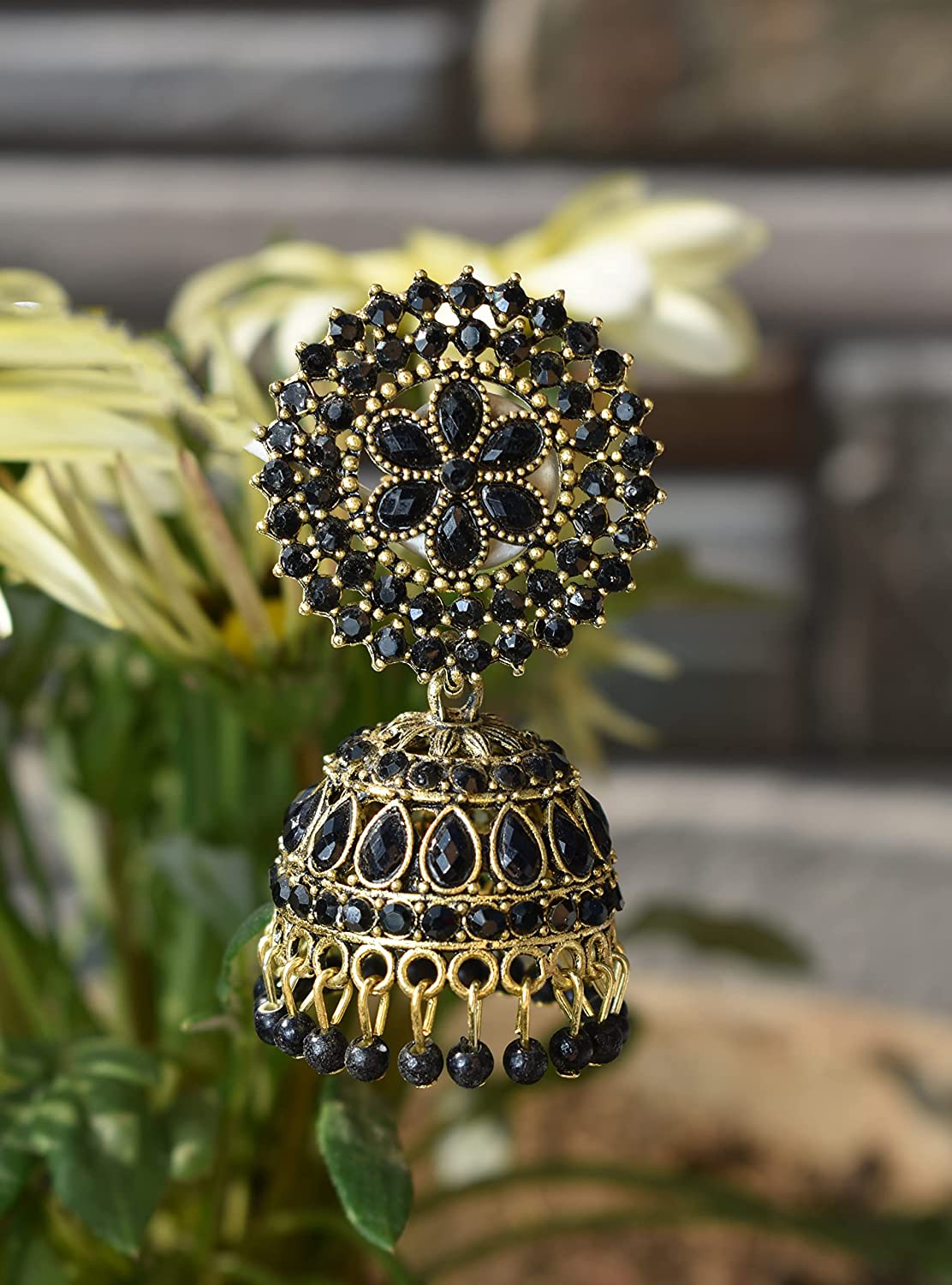 Gold-Plated Alloy Black Rhinestones Studded Jhumki Earrings - The Pari - Grab2buy