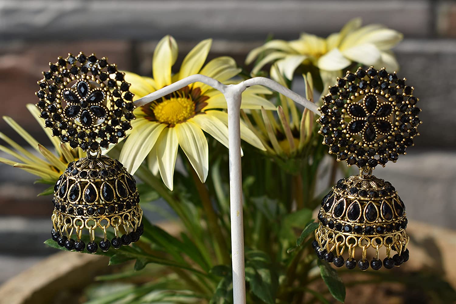 Gold-Plated Alloy Black Rhinestones Studded Jhumki Earrings - The Pari - Grab2buy