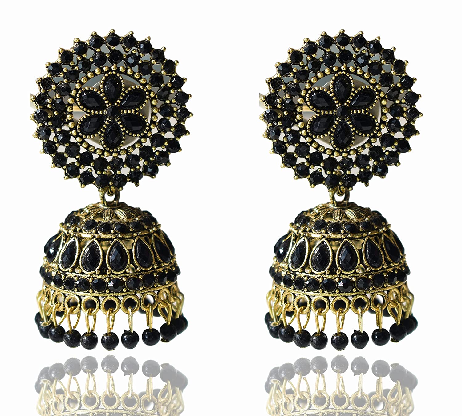 Gold-Plated Alloy Black Rhinestones Studded Jhumki Earrings - The Pari - Grab2buy