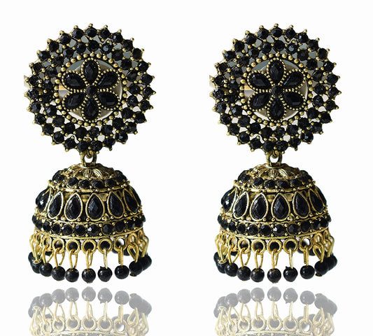 Gold-Plated Alloy Black Rhinestones Studded Jhumki Earrings - The Pari - Grab2buy