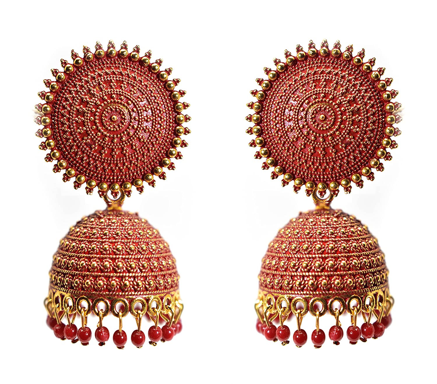 Gold-Plated Alloy Red Sun Shaped Jhumka Earrings - The Pari - Grab2buy