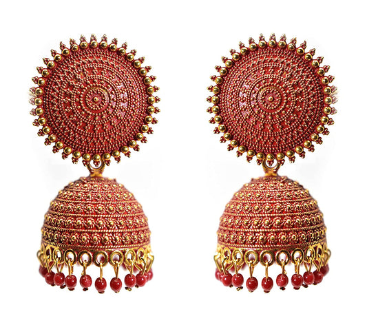 Gold-Plated Alloy Red Sun Shaped Jhumka Earrings - The Pari - Grab2buy