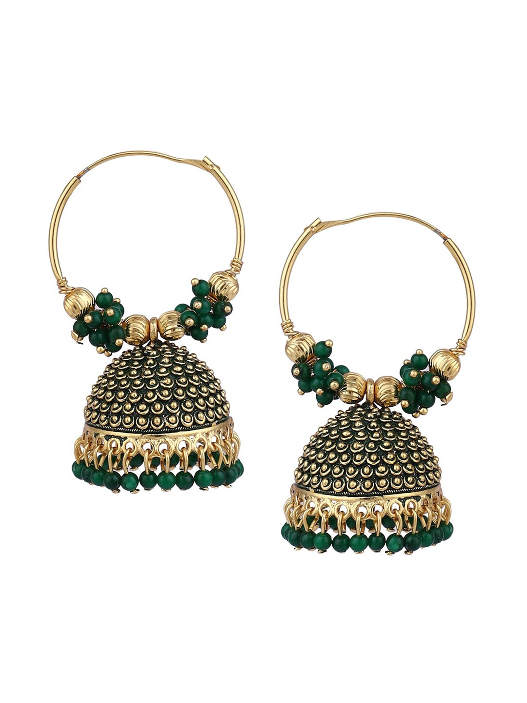 Gold-Polished Alloy Green Hoop Jhumka Earrings - The Pari - The Pari - Dinesh Associates