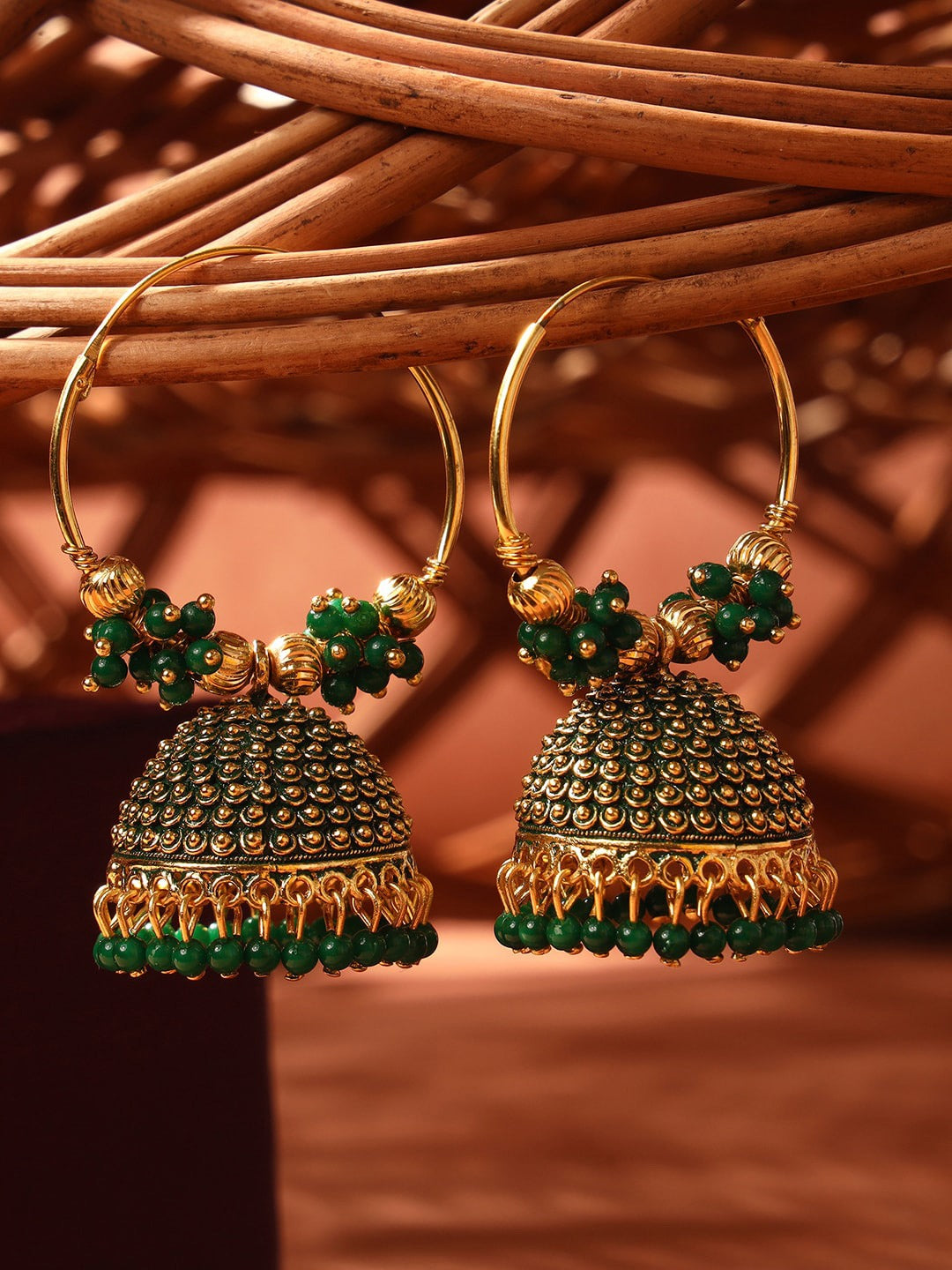 Gold-Polished Alloy Green Hoop Jhumka Earrings - The Pari - Swadesiicart