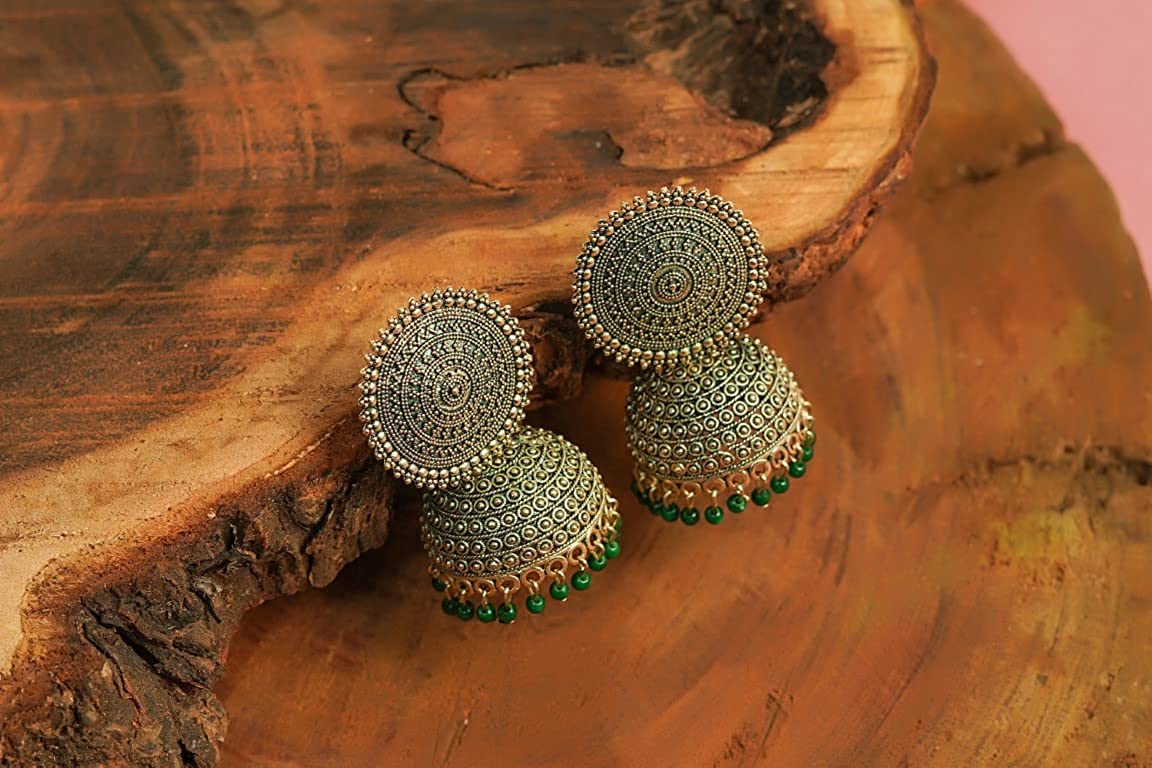 Gold-Plated Alloy Green Sun Shaped Jhumka Earrings - The Pari - Grab2buy