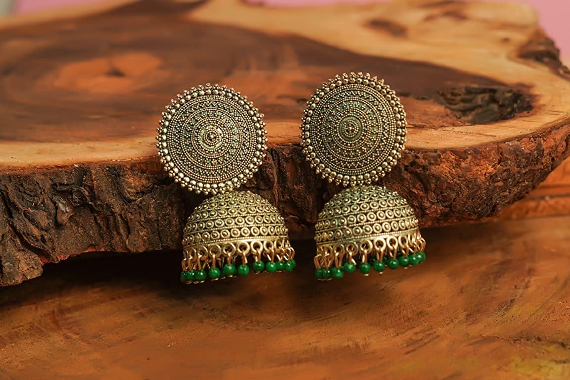 Gold-Plated Alloy Green Sun Shaped Jhumka Earrings - The Pari - Grab2buy