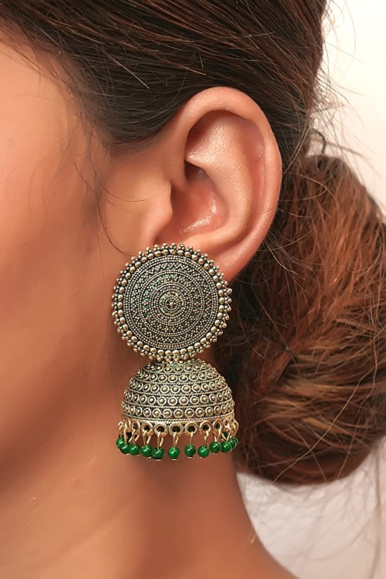 Gold-Plated Alloy Green Sun Shaped Jhumka Earrings - The Pari - Grab2buy