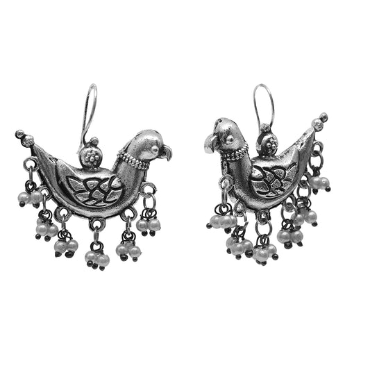 Rhodium-Plated Alloy Silver Bird Designed Antique Earrings - The Pari - Grab2buy