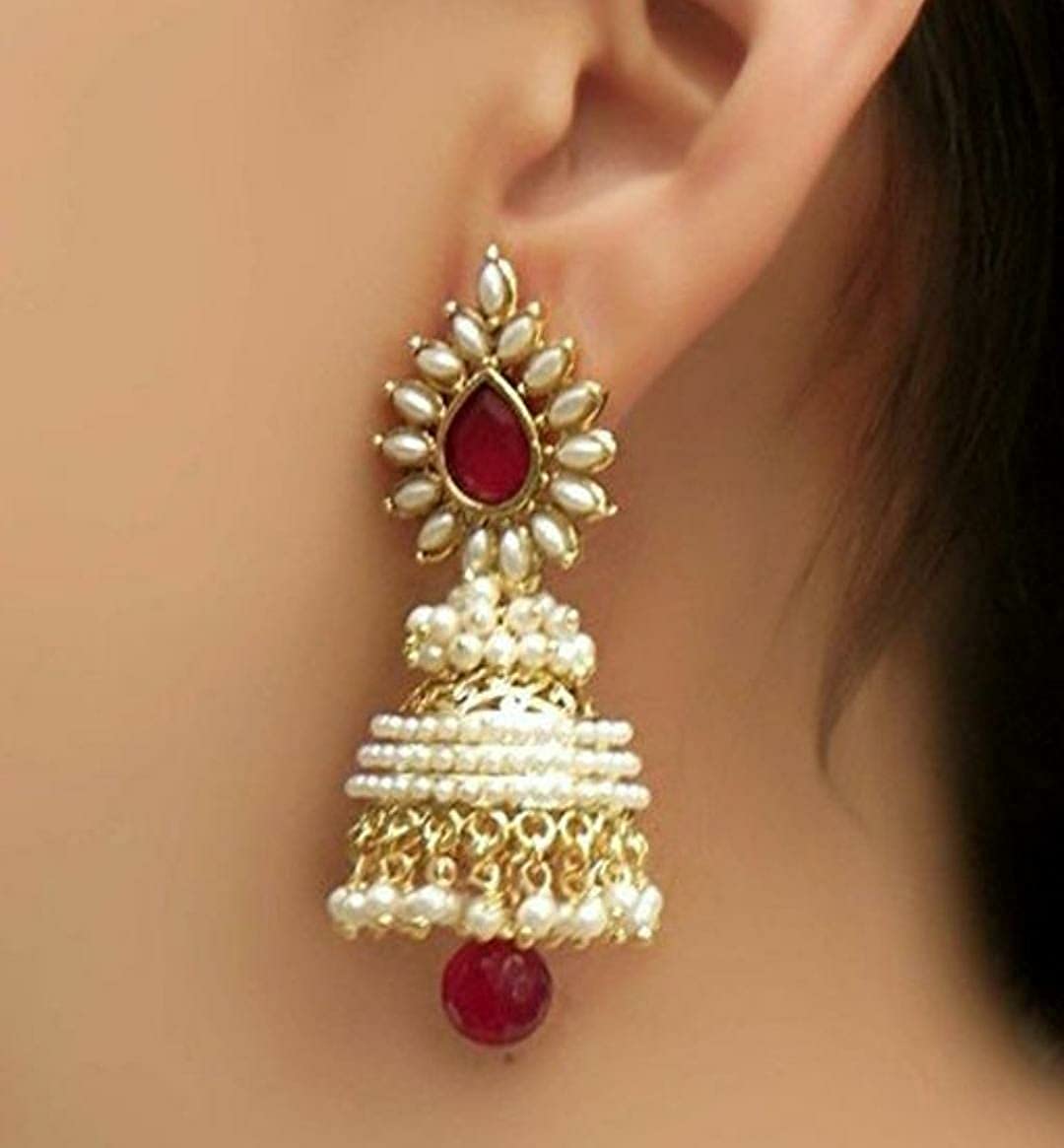 Gold-Plated Alloy Pearl Studded Jhumka Earrings - The Pari - Grab2buy
