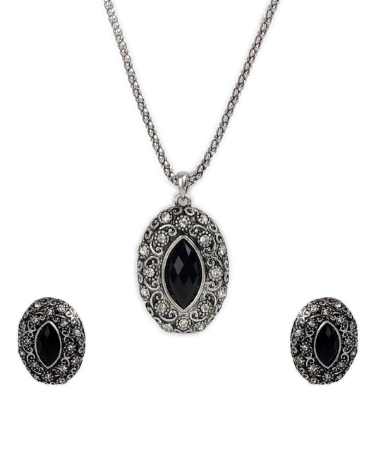 Silver-Plated Alloy Black Stone Pendant Necklace - The Pari | Swadesiicart