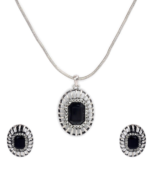 Silver-Plated Alloy Black Stone Pendant Necklace - The Pari | Swadesiicart