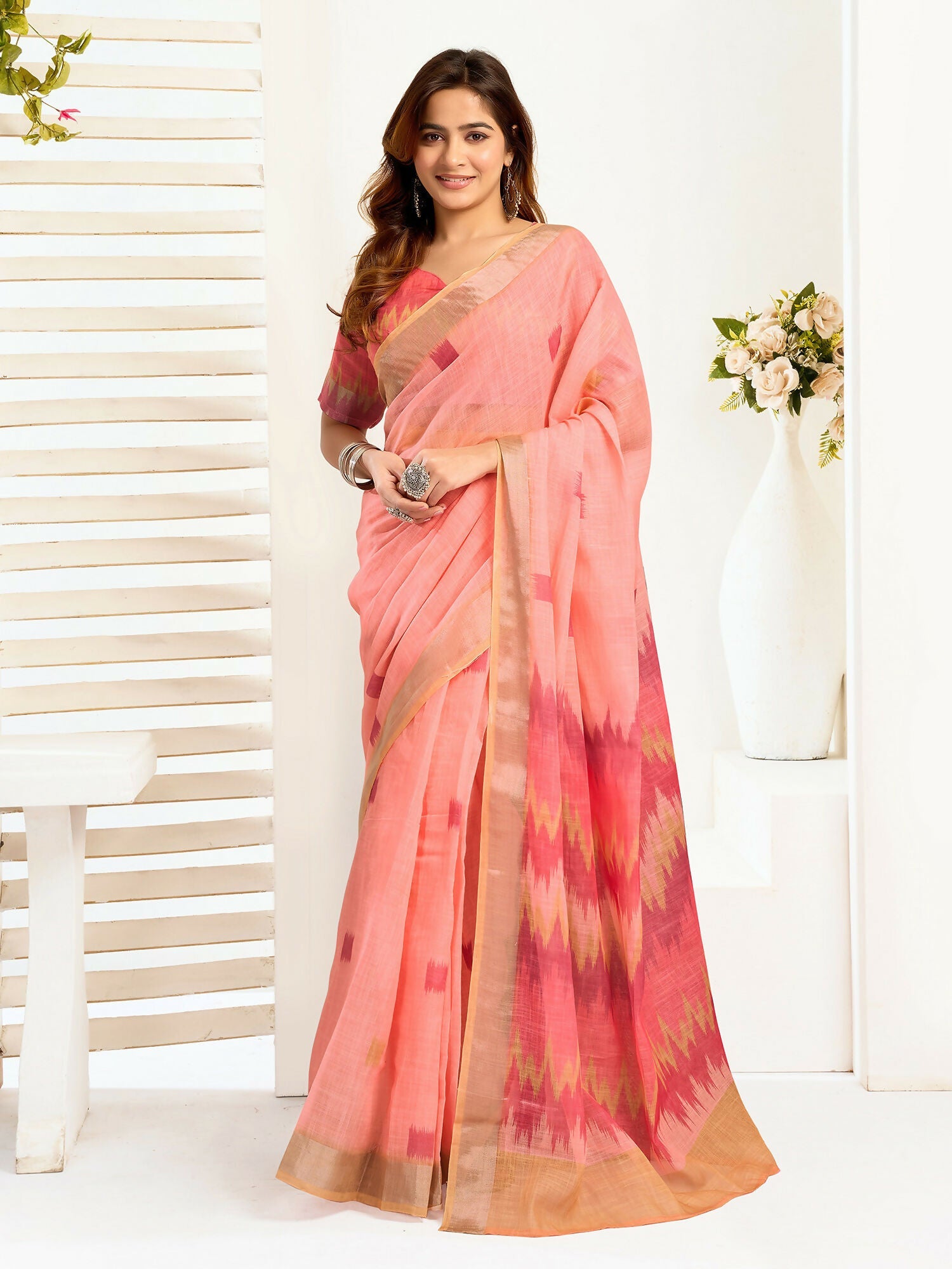 Joban Fashion Peach Ikkat Linen Ready To Wear Saree With Unstitched Blouse