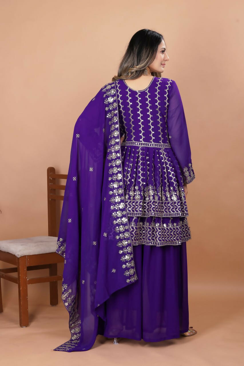 Teeya Creation Purple Color Faux Georgette Embroidery Work Wedding Wear Palazzo Set