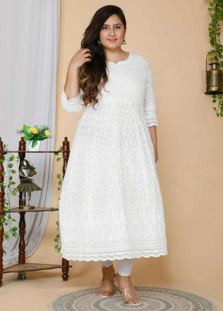 Miravan Women's Plus Size Beige Chikankari Thread Work Anarkali Kurta With Dupatta 