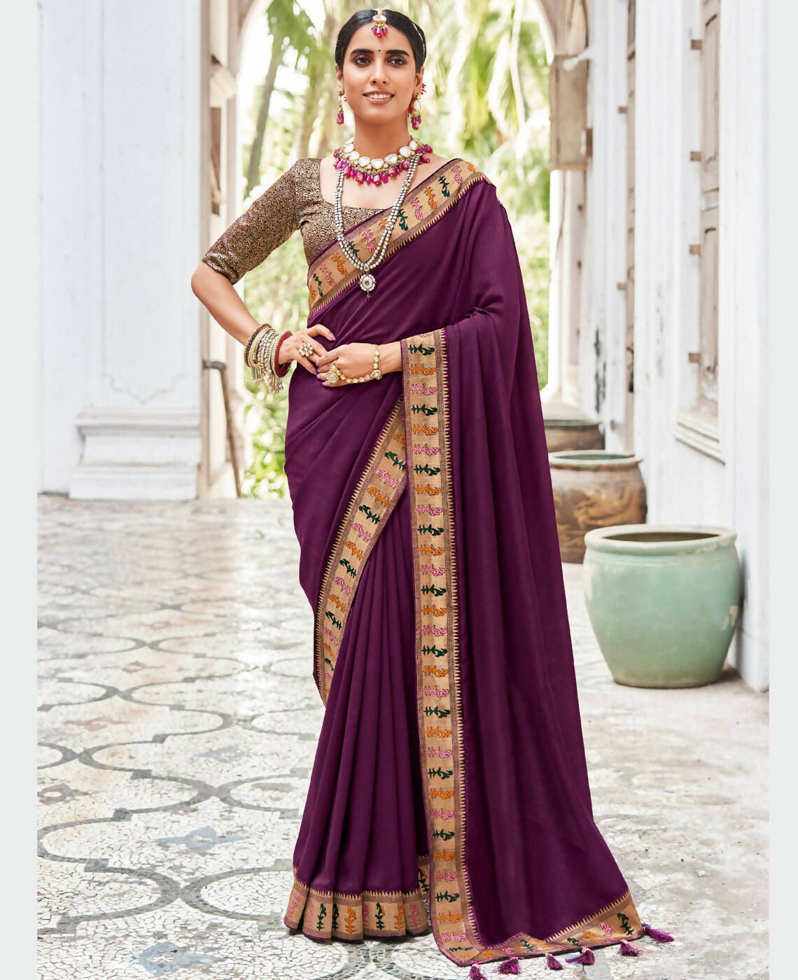 Purple Vichitra Solid Saree With Unstitched Blouse Piece - Juhi