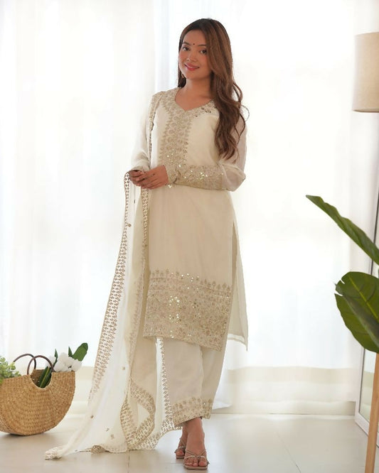 Joban Fashion White Kurta Set Silk Sequence Embroidery Work 