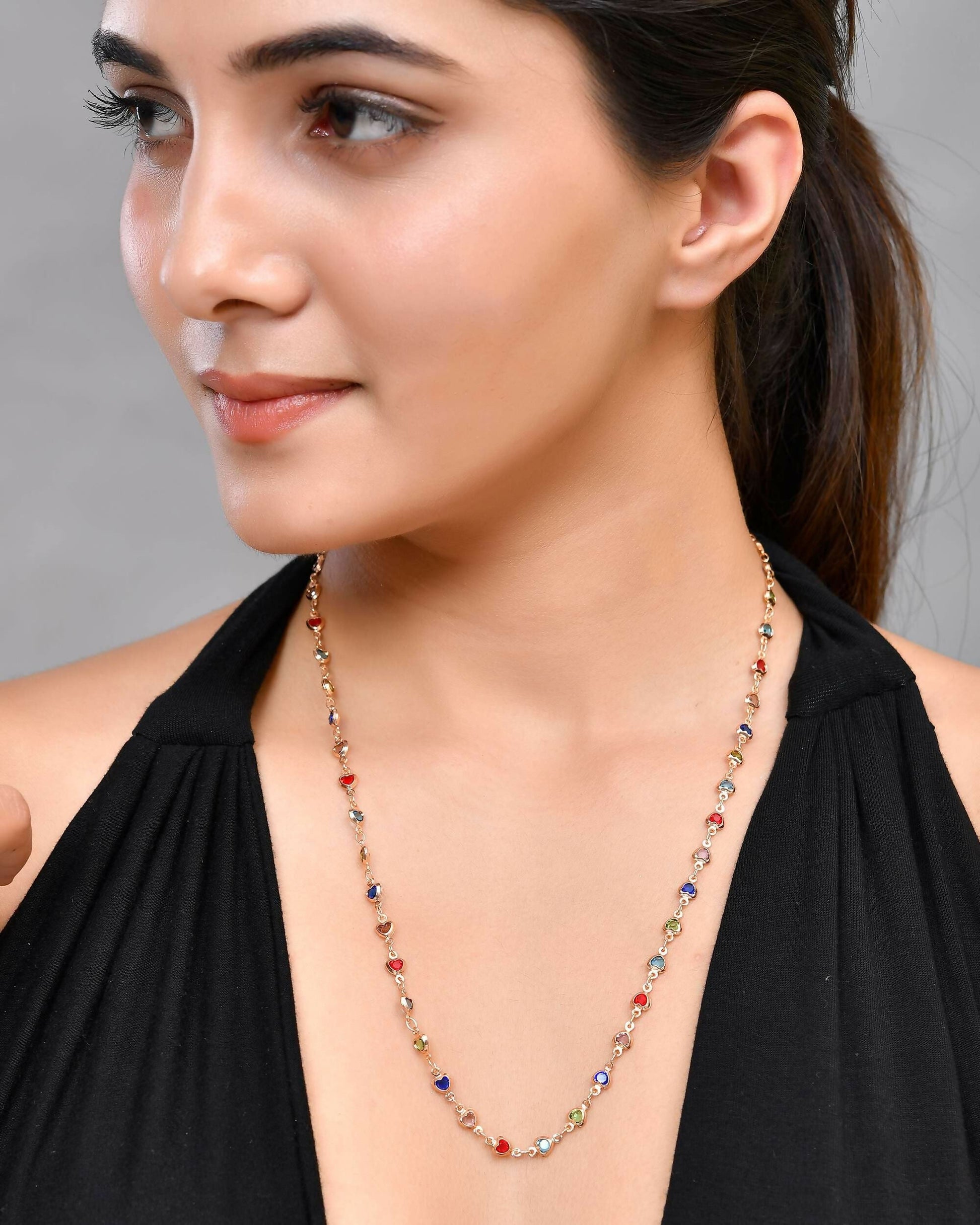 VOJ Gold-Polished Chain For Women With Multi Colour Hearts 