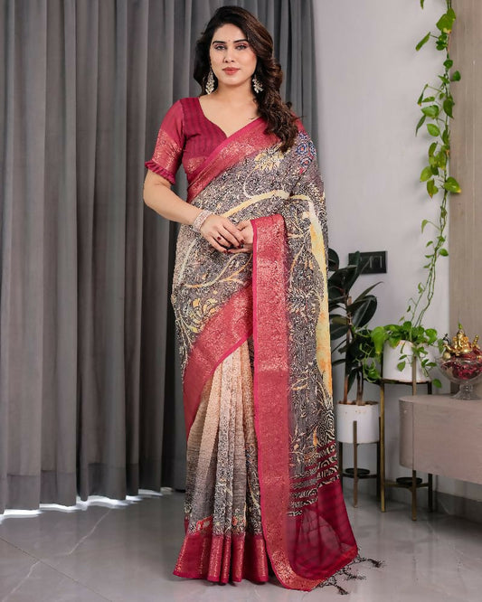 PR Fashion Wine Pure Handloom Linen Saree