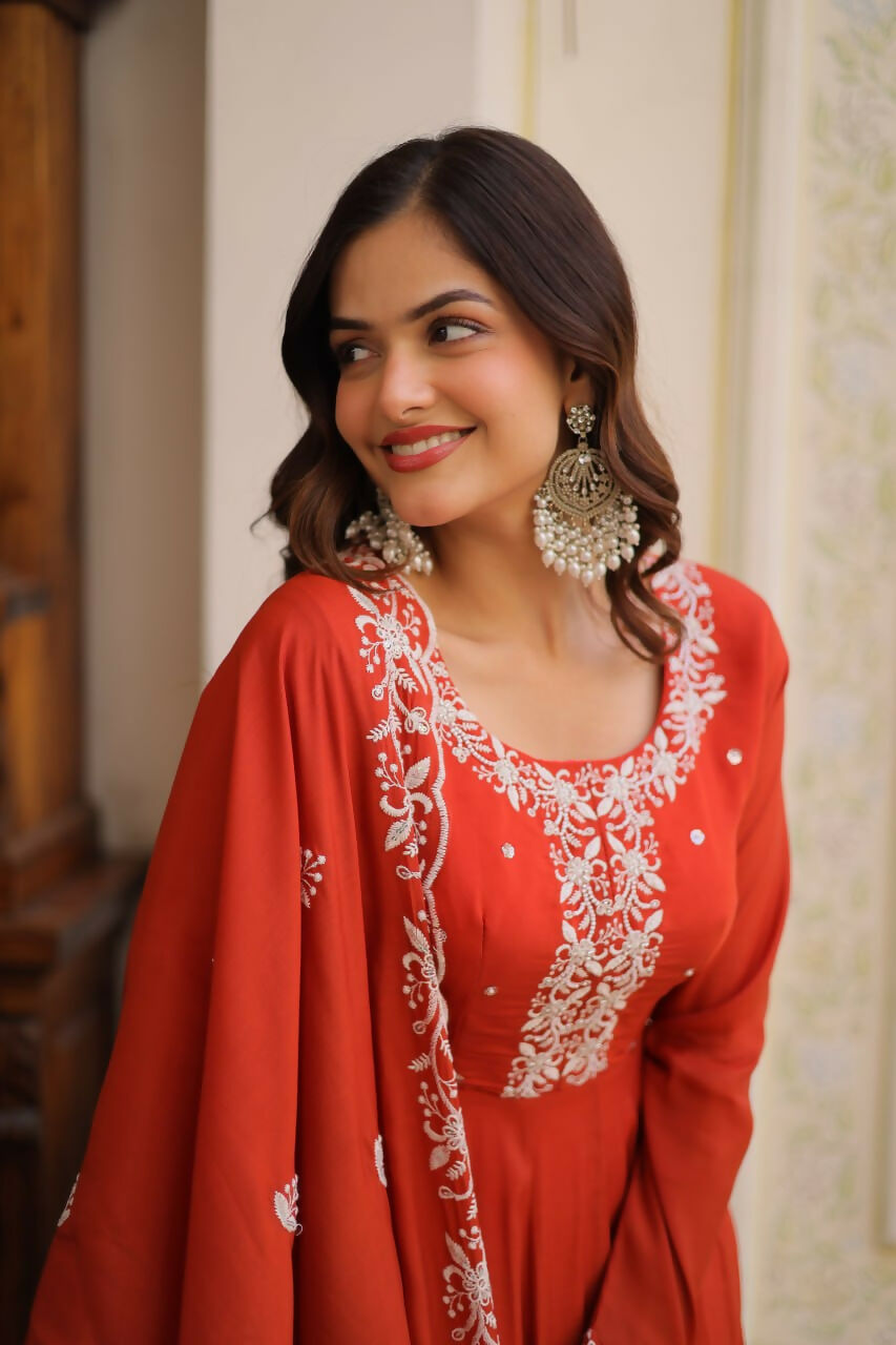 Teeya Creation Womens New Fancy Mul Chanderi With Embroidered Work Gown Set