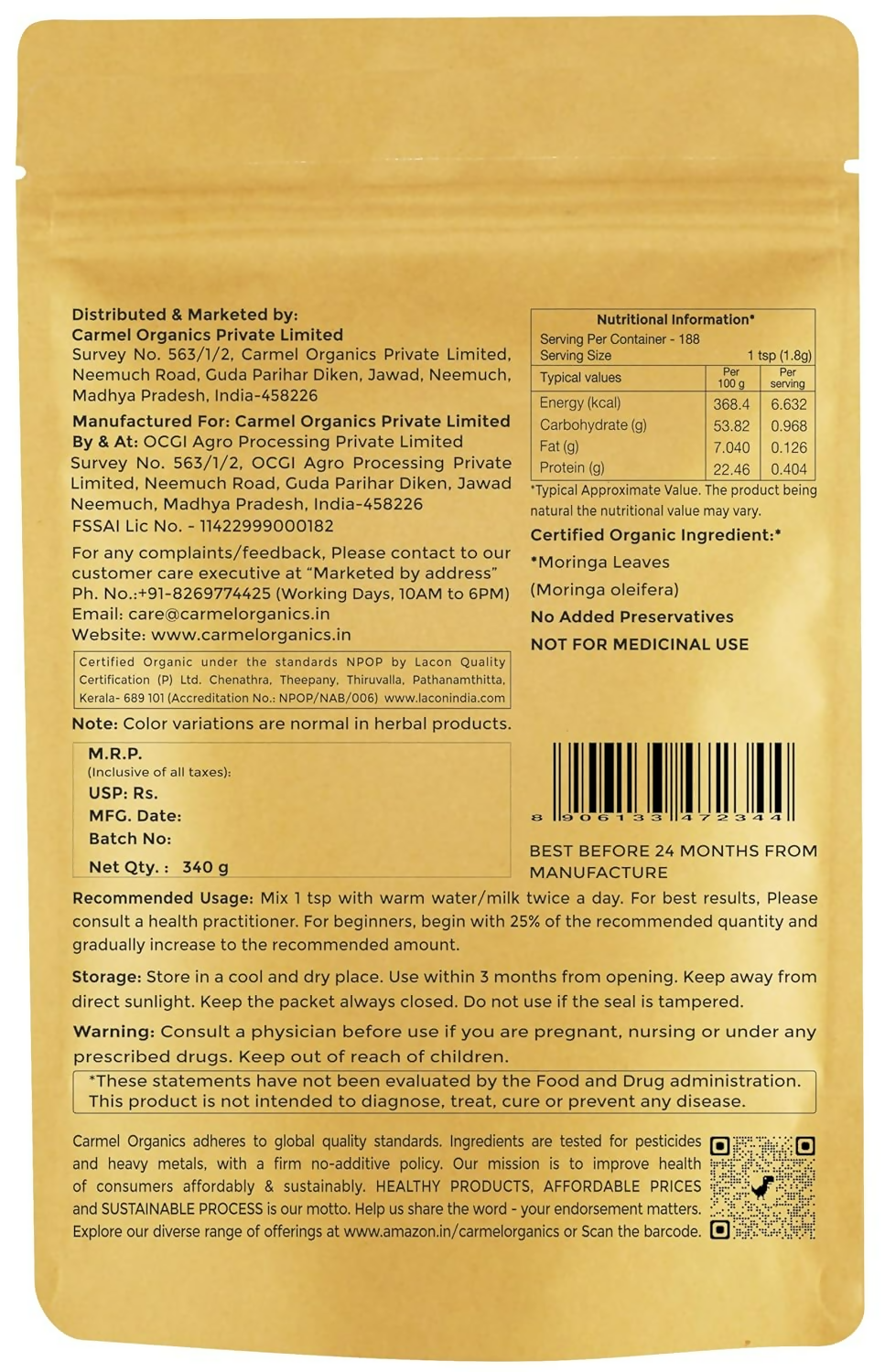 Carmel Organics Moringa Leaves Powder 