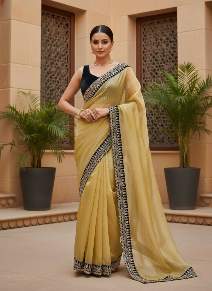 Joban Fashion Yellow Soft twill Net Party Wear Sarees