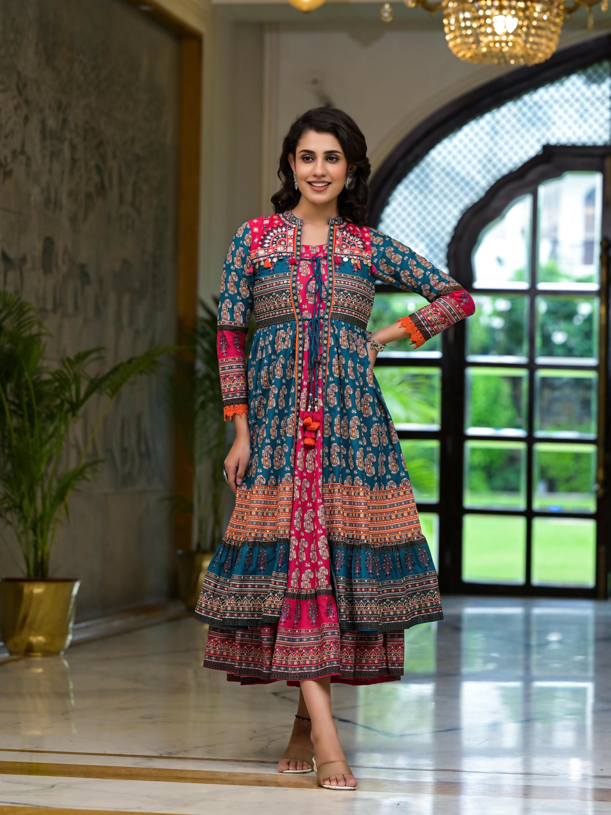 Juniper Women's Teal Ethnic Motif Printed Cotton Dress With Coins Thread & Mirror Work