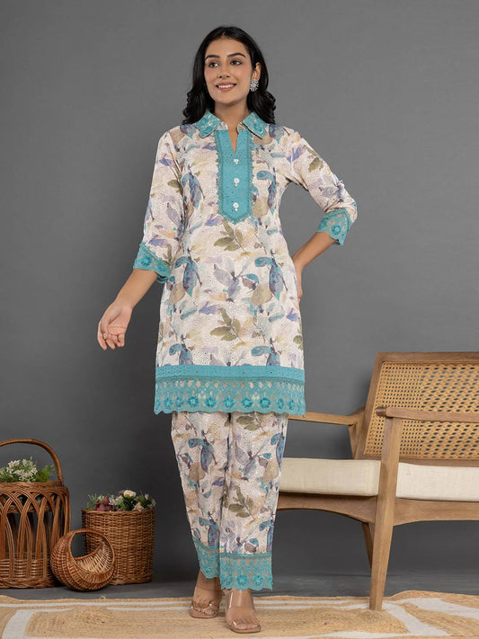 Yufta Turquoise Blue Cotton Schiffli Co-Ord Set With Lace 