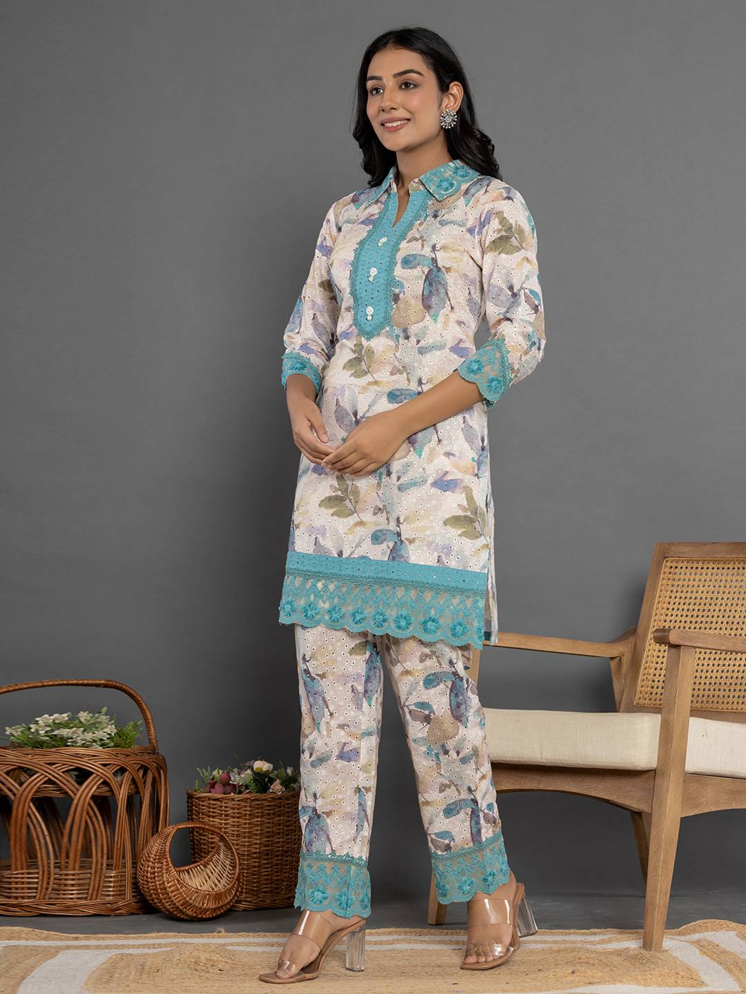 Yufta Turquoise Blue Cotton Schiffli Co-Ord Set With Lace 