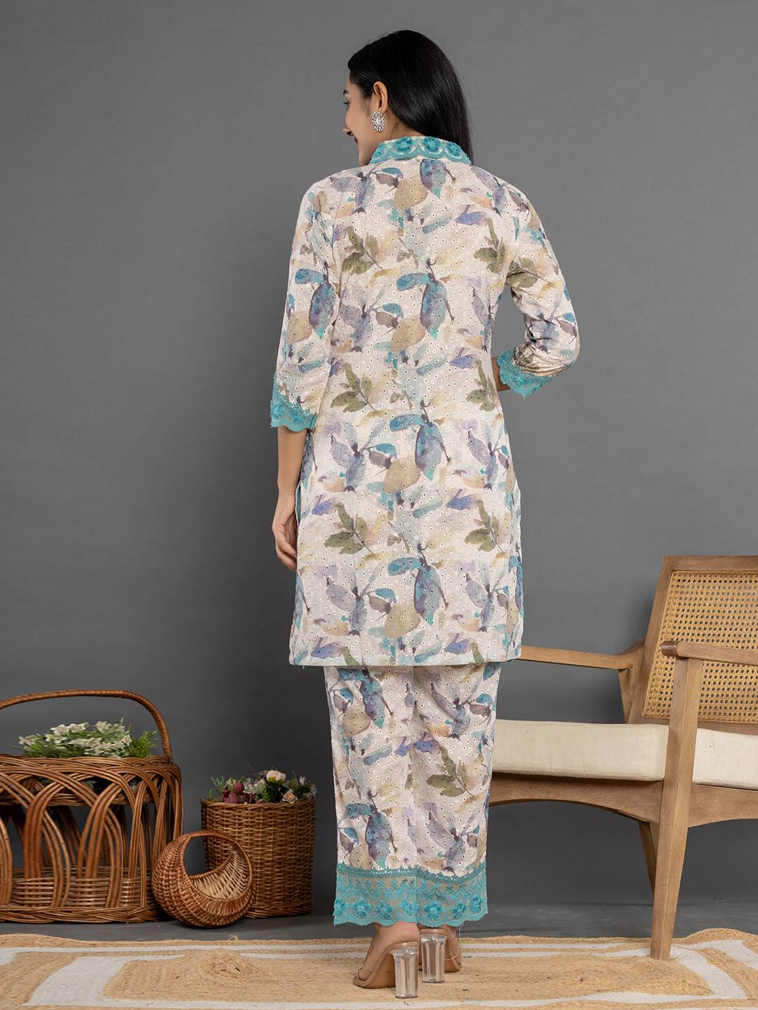 Yufta Turquoise Blue Cotton Schiffli Co-Ord Set With Lace 