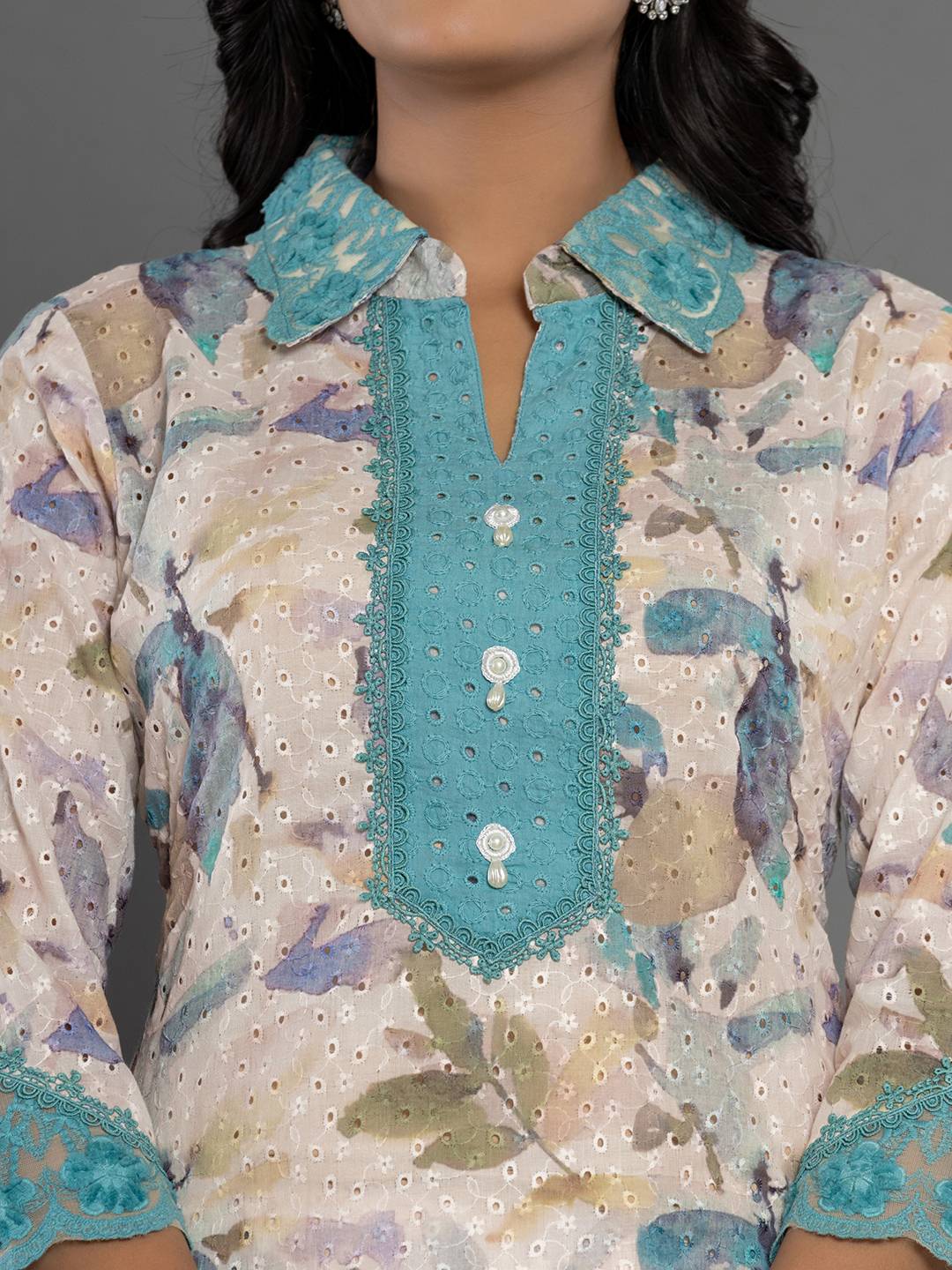 Yufta Turquoise Blue Cotton Schiffli Co-Ord Set With Lace 