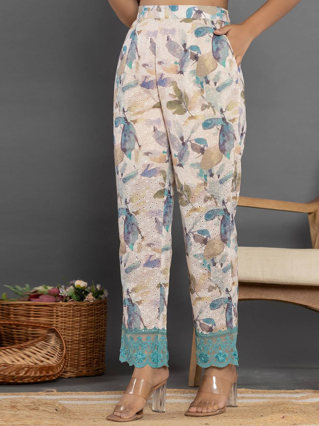 Yufta Turquoise Blue Cotton Schiffli Co-Ord Set With Lace 