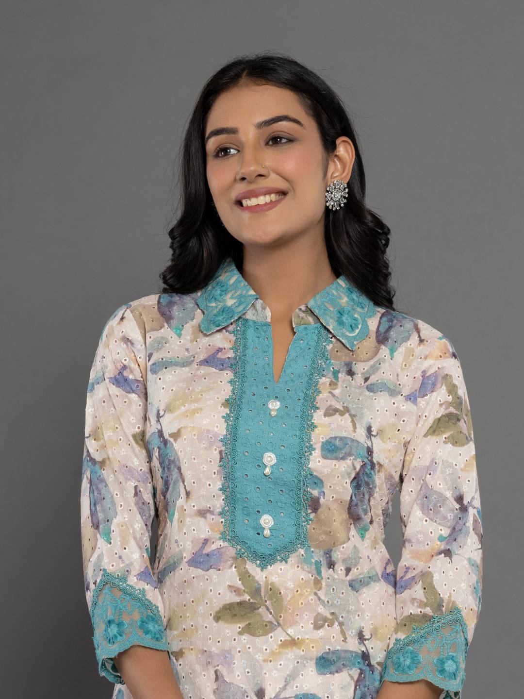 Yufta Turquoise Blue Cotton Schiffli Co-Ord Set With Lace 