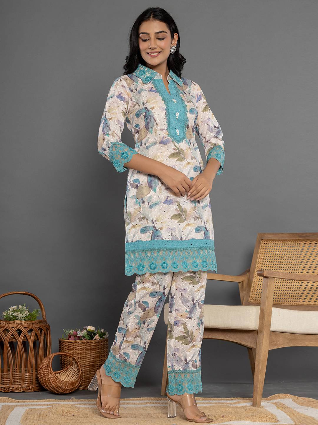 Yufta Turquoise Blue Cotton Schiffli Co-Ord Set With Lace 