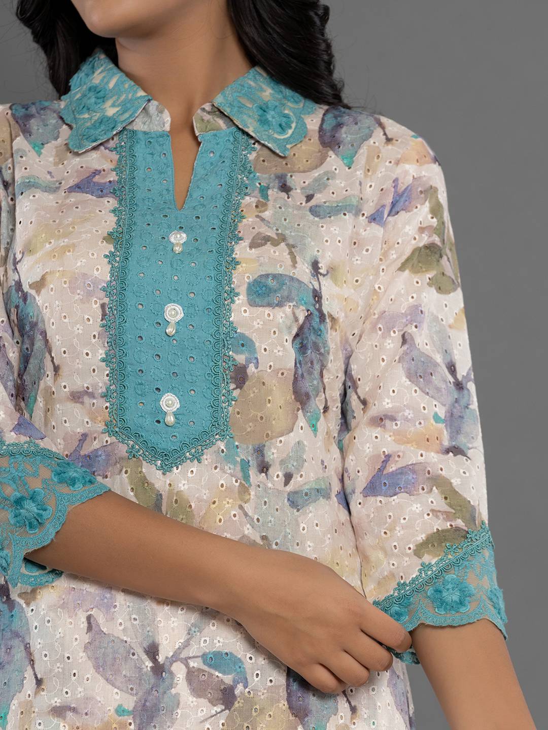 Yufta Turquoise Blue Cotton Schiffli Co-Ord Set With Lace 