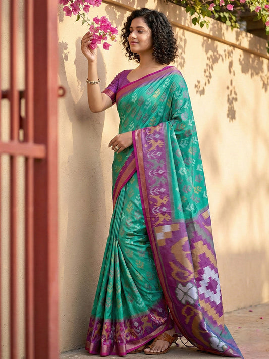 Anaita Turquoise Pochampally Printed Saree With Blouse