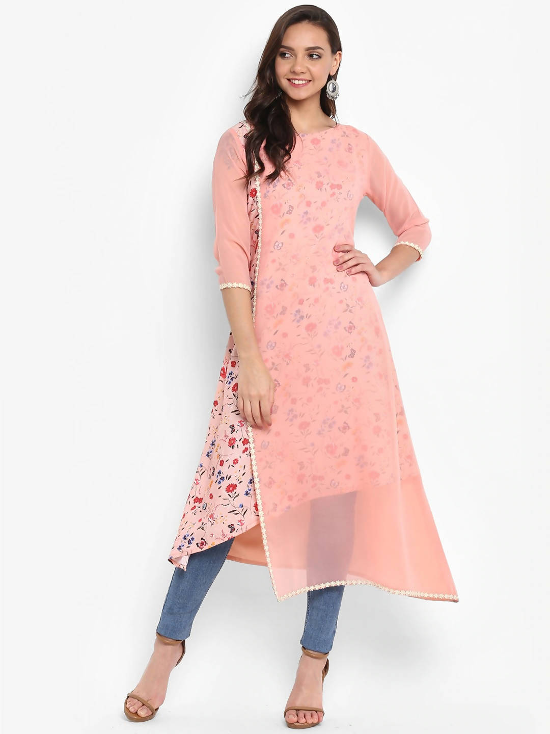 Janasya Women Pink Floral Print A-Line Kurta