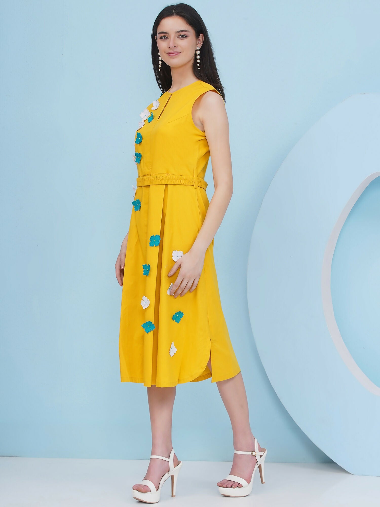 Joban Fashion Yellow Dress with 3D Flower Embroidery and Belt