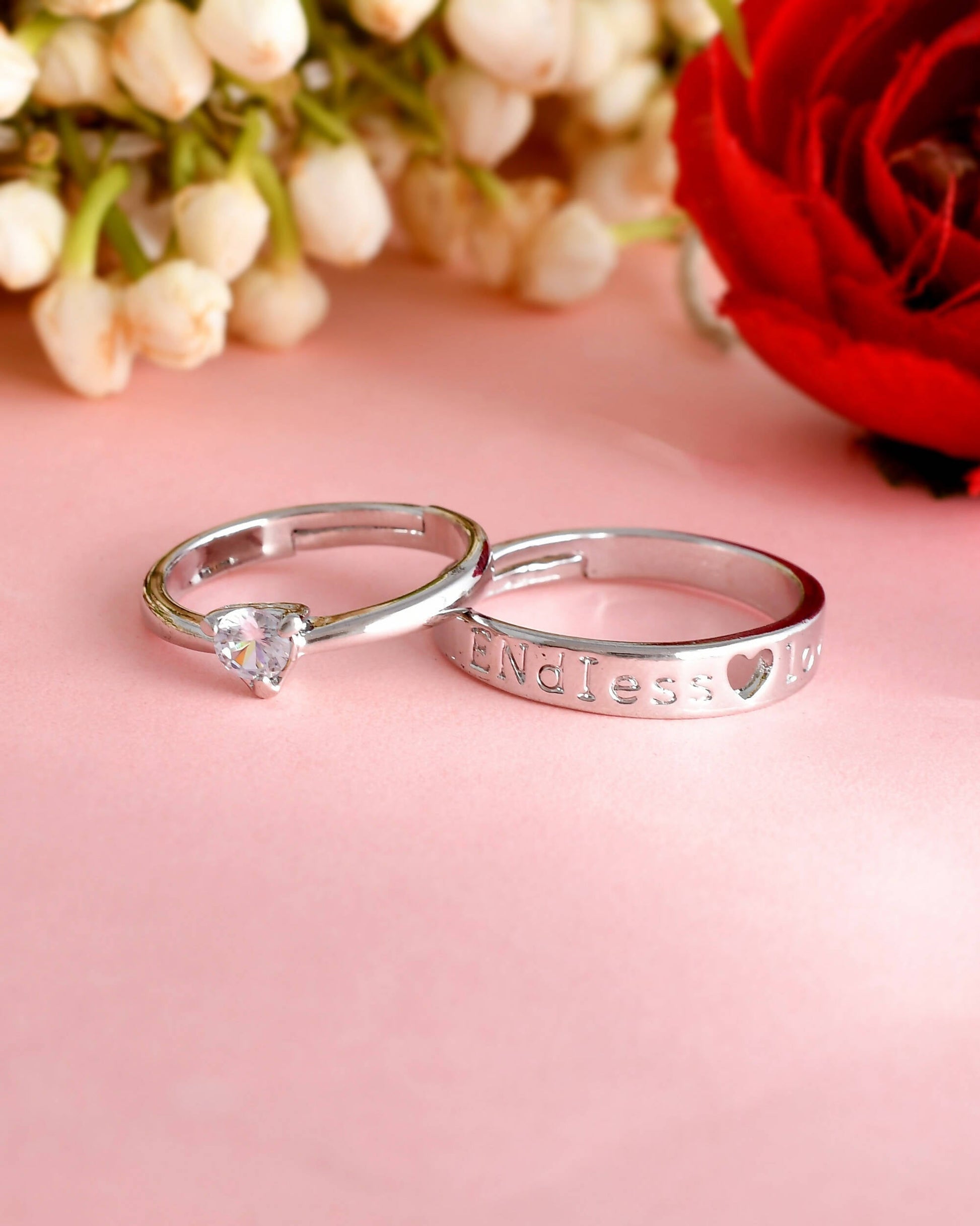 VOJ Stainless Steel Cubic Zirconia Silver Plated Adjustable Ring Set for Couple 