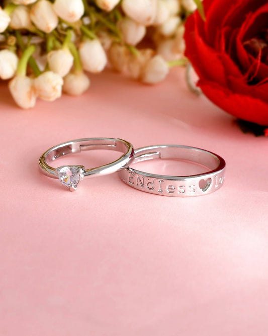 VOJ Stainless Steel Cubic Zirconia Silver Plated Adjustable Ring Set for Couple 