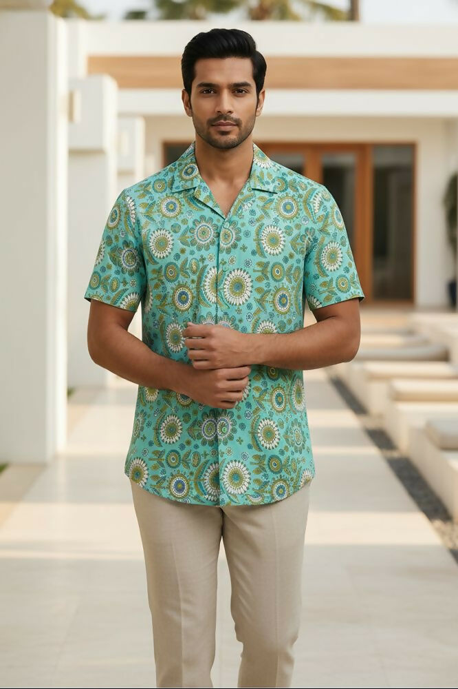 Medallion — Teal Ajrakh Cotton Shirt by Hilo Design